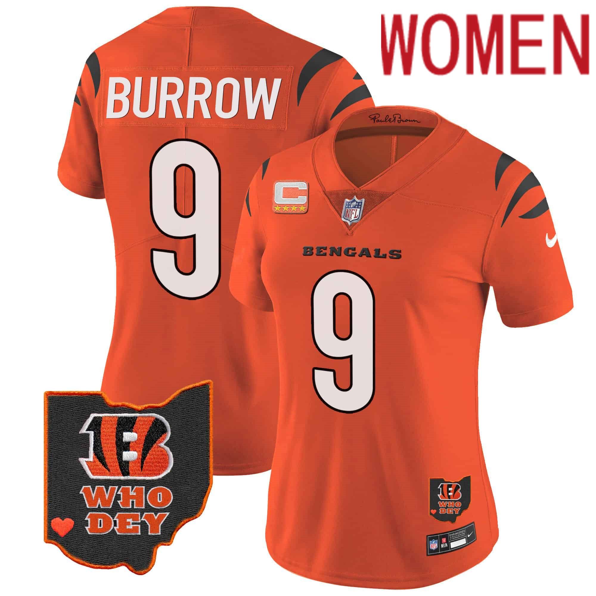 Women Cincinnati Bengals 9 Burrow Orange 2024 Nike Patch Vapor Limited NFL Jersey